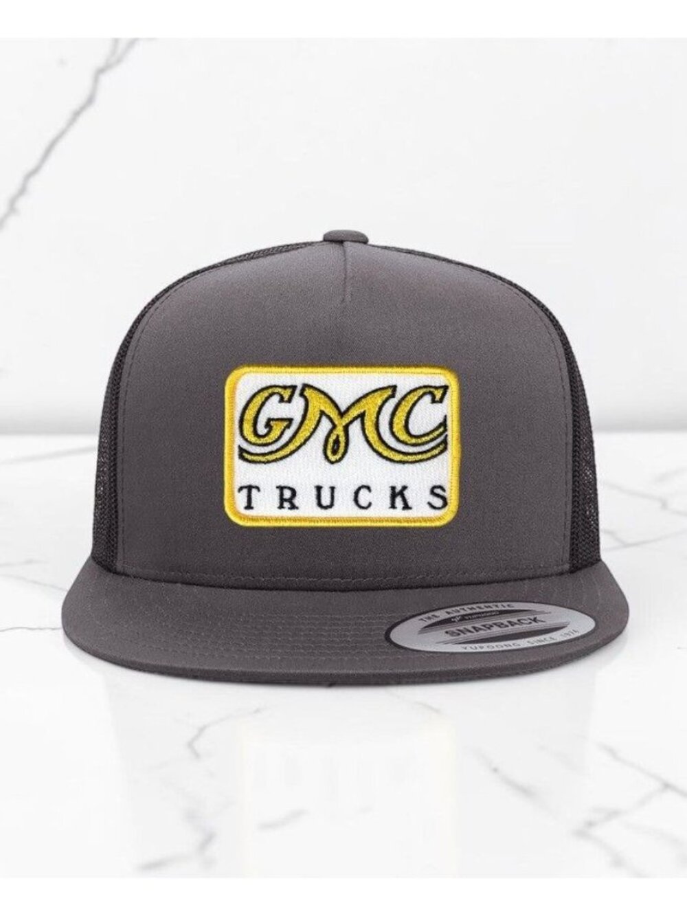 GMC Trucks Retro Yellow YP Flat Bill Trucker Hat Mesh Back Snapback charcoal/bla